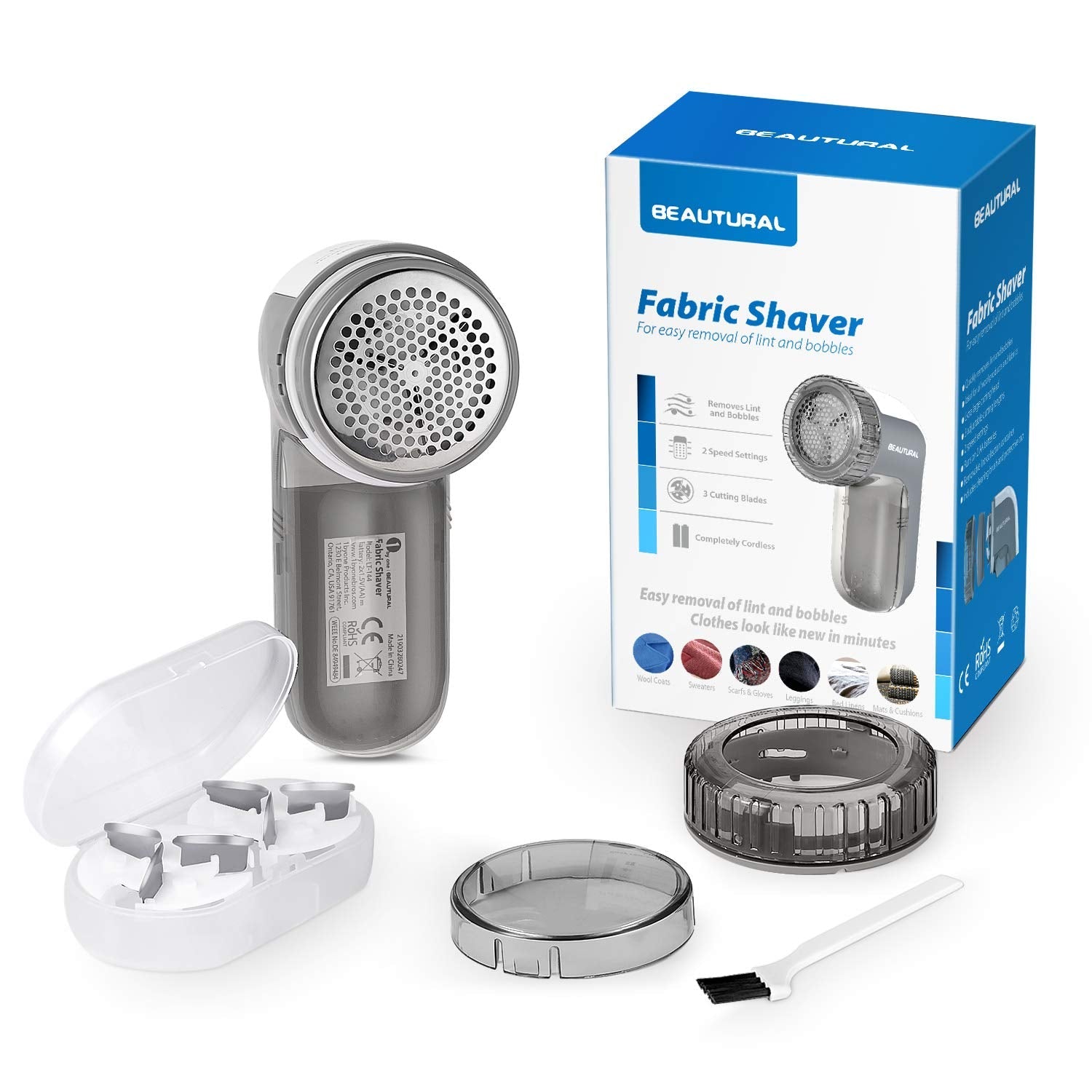 BEAUTURAL Fabric Shaver and Lint Remover, Sweater Defuzzer with 2-Speeds, 2 Replaceable Stainless Steel Blades, Battery Operated, Remove Clothes Fuzz, Lint Balls, Pills, Bobbles Gray LukkyDeals