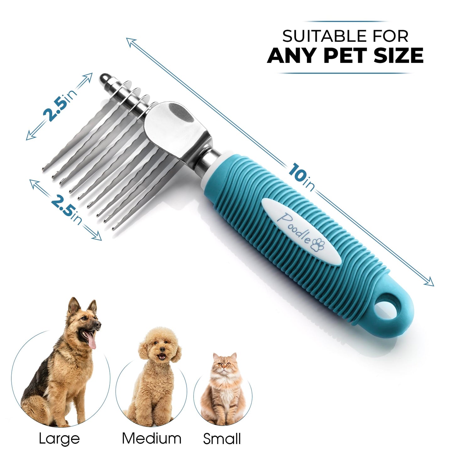Poodle Dematting Fur Rake Comb Brush for Dogs and Cats - Long 2.5" Steel Safety Blades Metal Comb for Detangling Matted or Knotted Undercoat Hair LukkyDeals