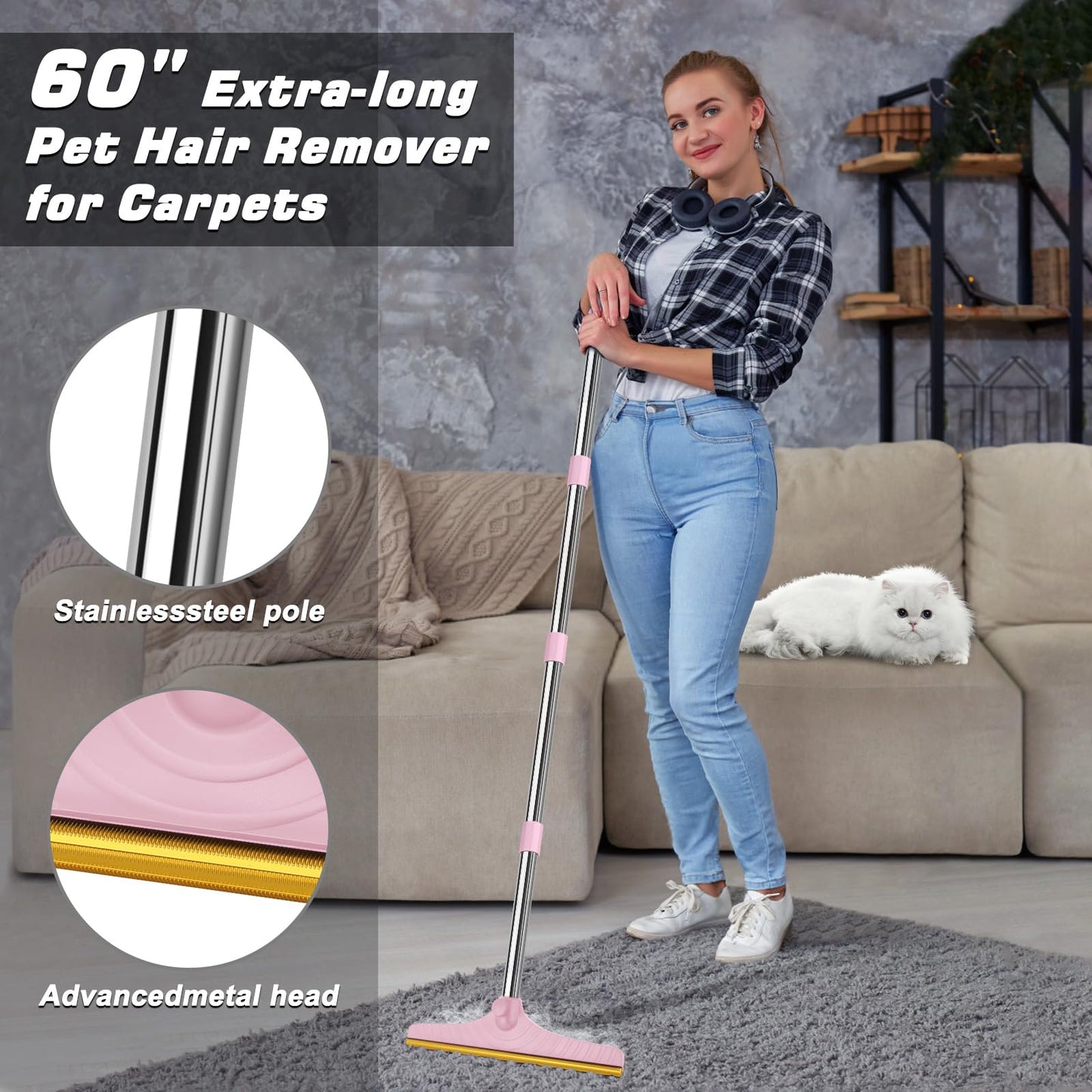 B-Land Carpet Rake for Pet Hair Removal, Reusable Pet Hair Remover with 60” Adjustable Long Handle, Carpet Scraper Dog Cat Hair Remover Tool for Rugs, Mats LukkyDeals