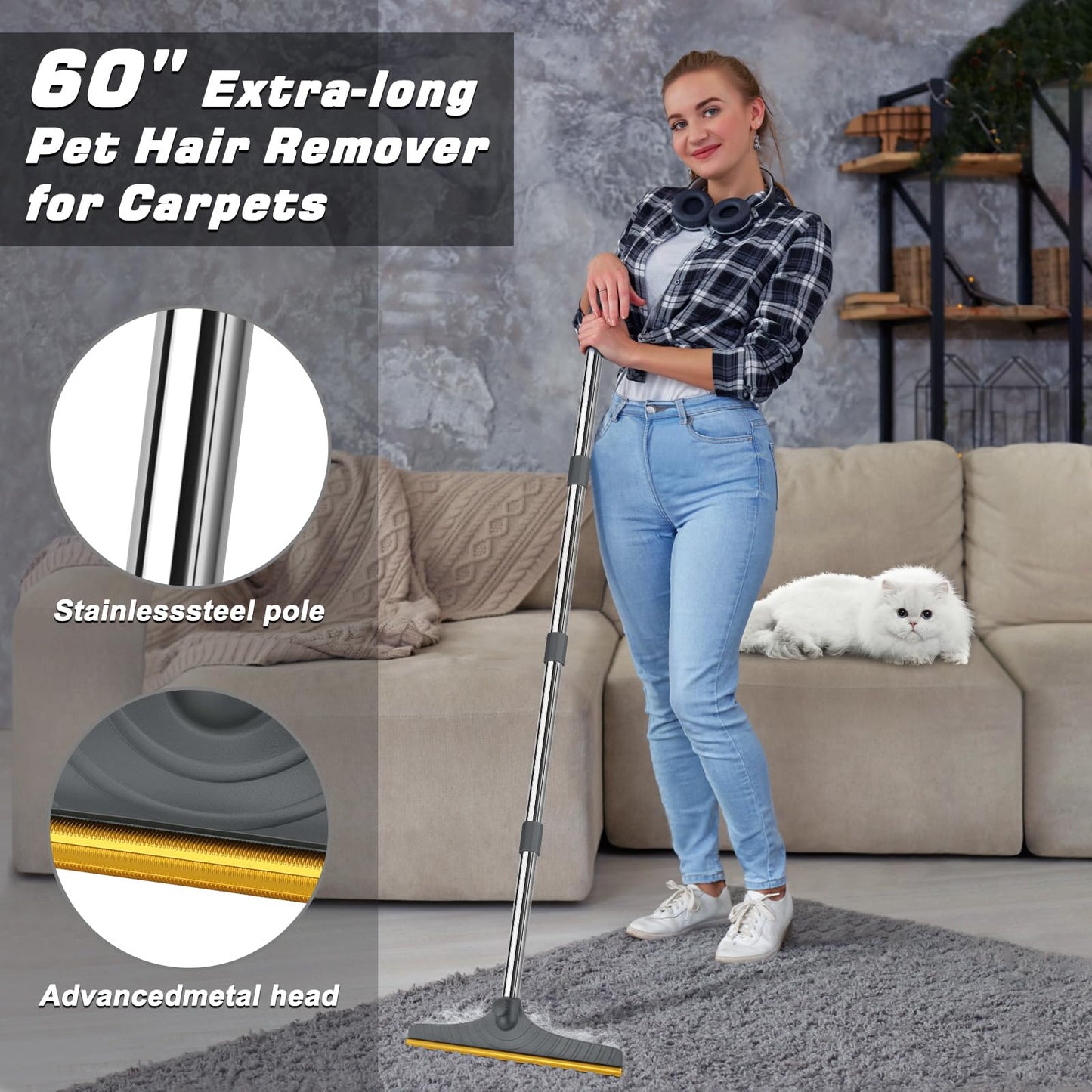 B-Land Carpet Rake for Pet Hair Removal, Reusable Pet Hair Remover with 60” Adjustable Long Handle, Carpet Scraper Dog Cat Hair Remover Tool for Rugs, Mats LukkyDeals