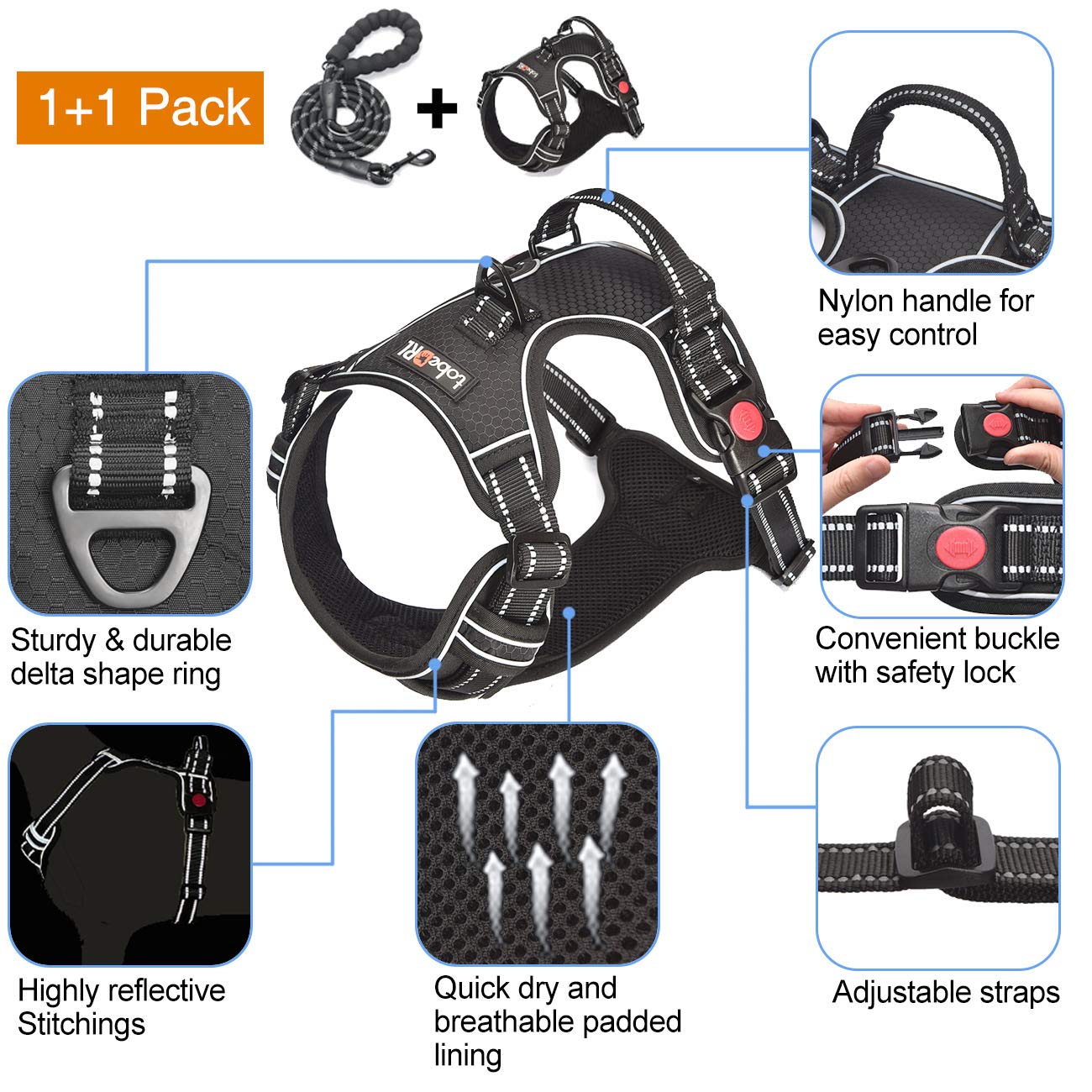 No Pull Dog Harness Adjustable Reflective Oxford Easy Control Medium Large Dog Harness with A Free Heavy Duty 5ft Dog Leash (L (Neck: 18"-25.5", Chest: 24.5"-33"), Blue Harness+Leash) LukkyDeals