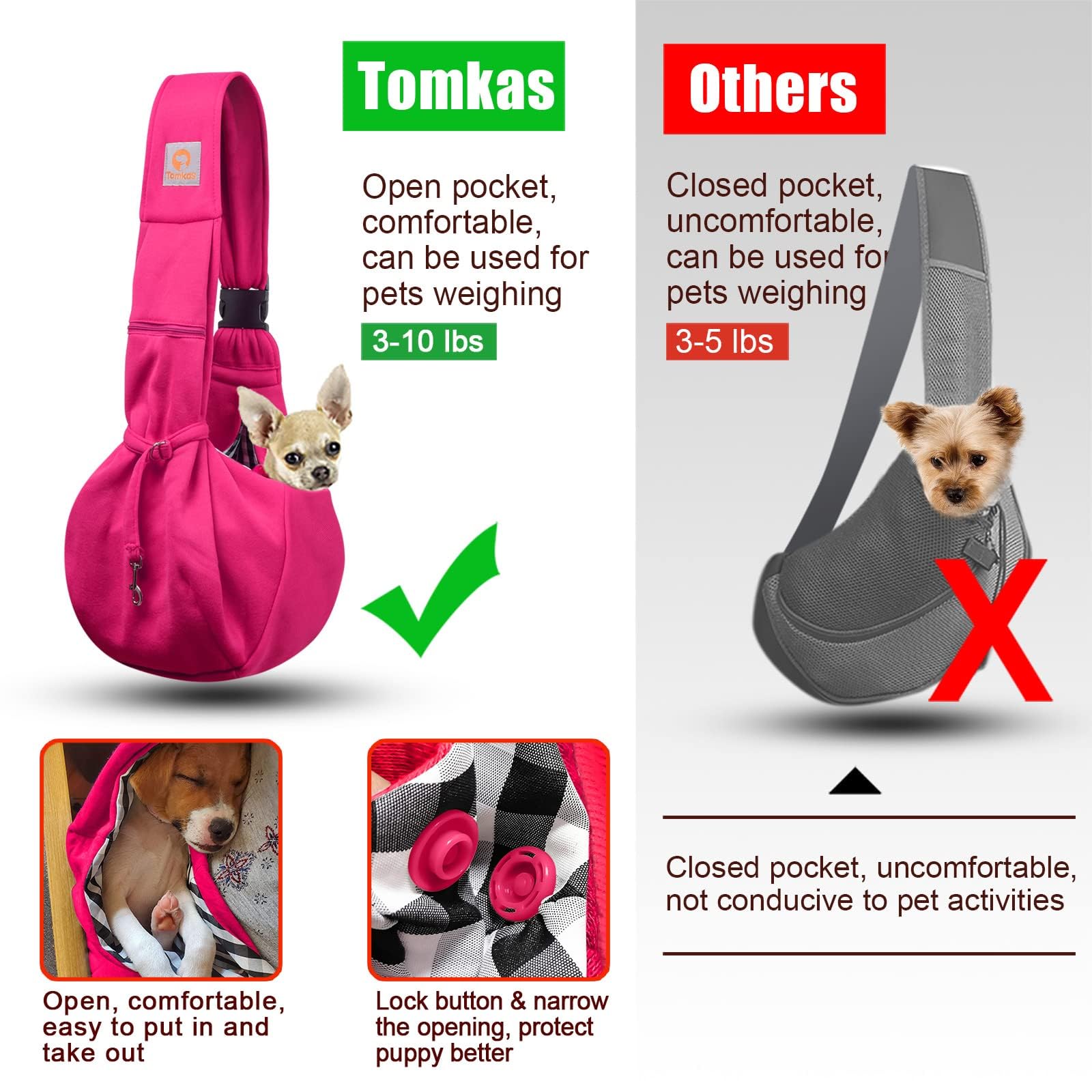 Tomkas Small Dog Sling Carrier - Adjustable Strap & Zip Pocket - Suitable for Puppies (Black) LukkyDeals