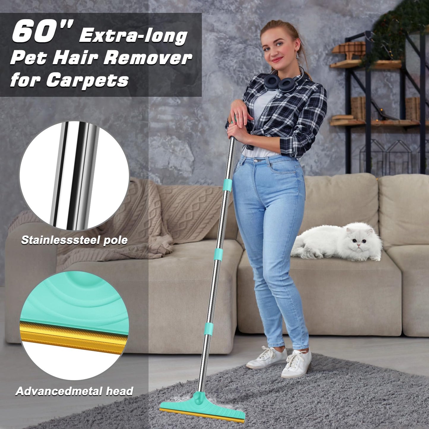 B-Land Carpet Rake for Pet Hair Removal, Reusable Pet Hair Remover with 60” Adjustable Long Handle, Carpet Scraper Dog Cat Hair Remover Tool for Rugs, Mats LukkyDeals