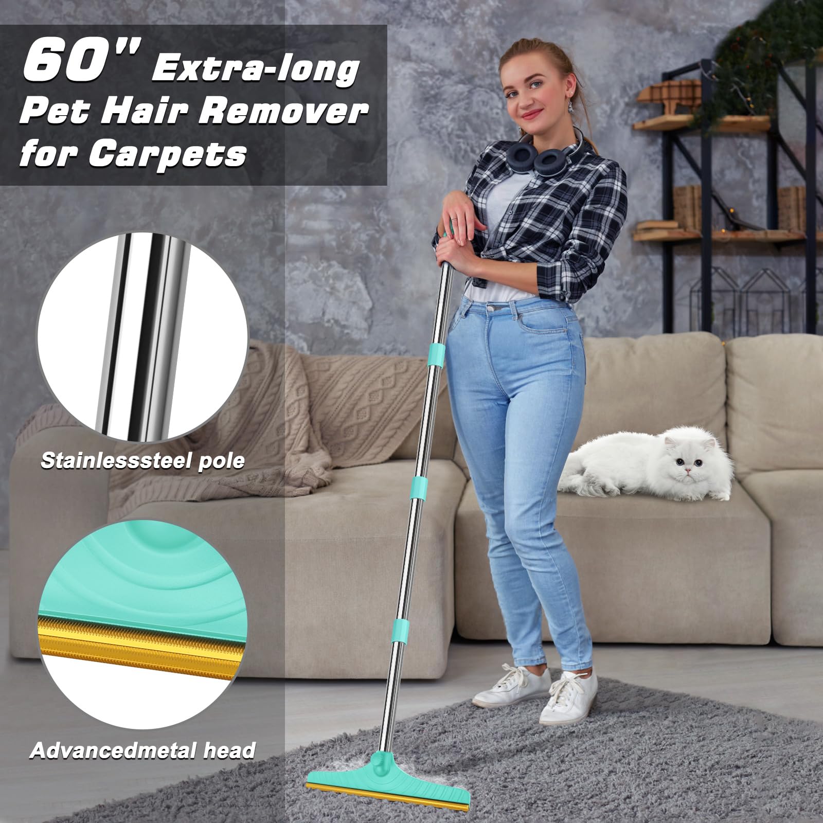 B-Land Carpet Rake for Pet Hair Removal, Reusable Pet Hair Remover with 60” Adjustable Long Handle, Carpet Scraper Dog Cat Hair Remover Tool for Rugs, Mats LukkyDeals