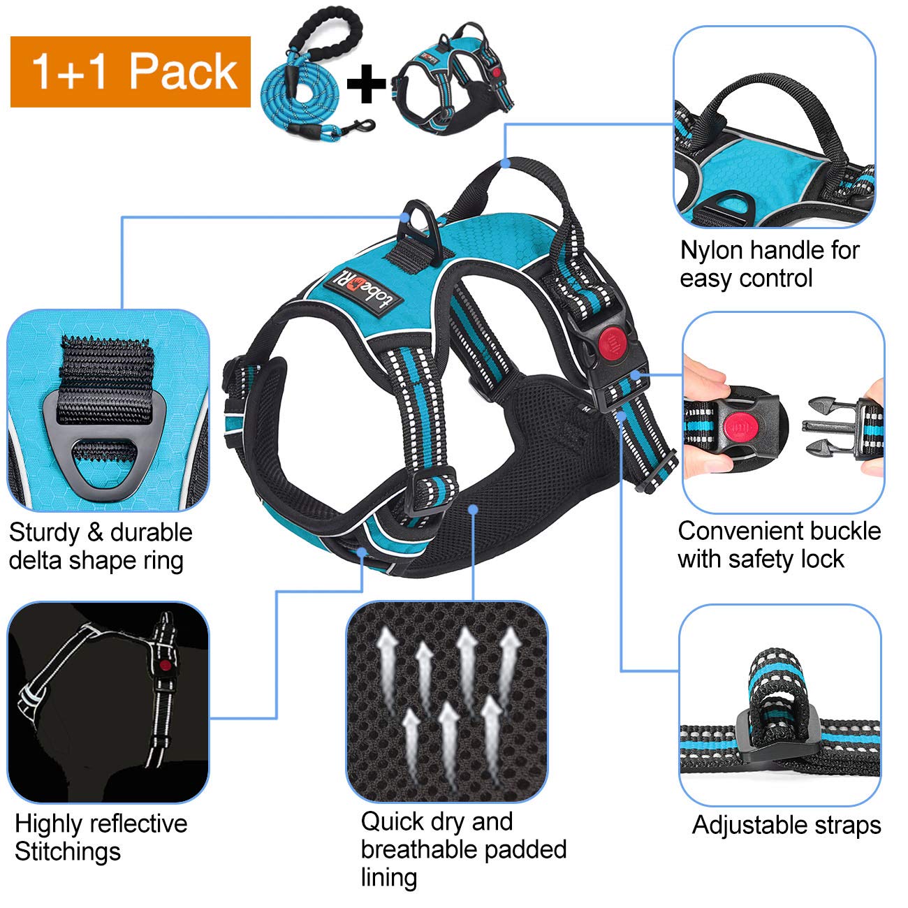 No Pull Dog Harness Adjustable Reflective Oxford Easy Control Medium Large Dog Harness with A Free Heavy Duty 5ft Dog Leash (L (Neck: 18"-25.5", Chest: 24.5"-33"), Blue Harness+Leash) LukkyDeals