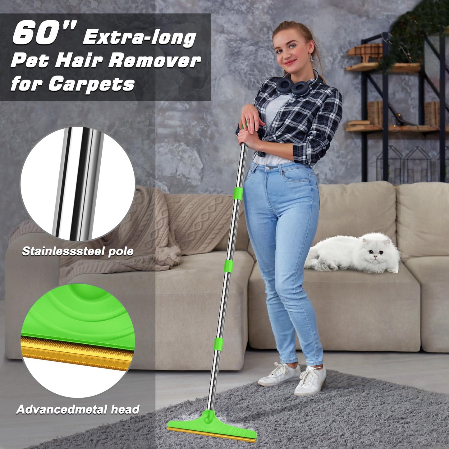 B-Land Carpet Rake for Pet Hair Removal, Reusable Pet Hair Remover with 60” Adjustable Long Handle, Carpet Scraper Dog Cat Hair Remover Tool for Rugs, Mats LukkyDeals