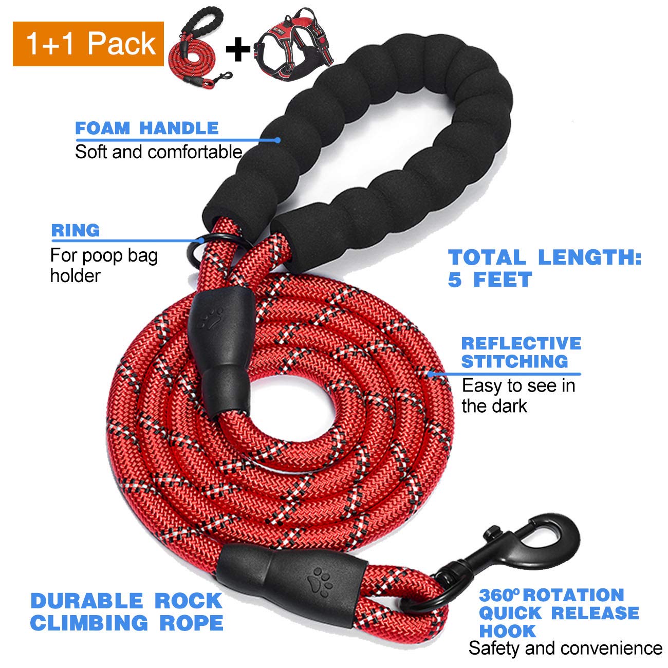 No Pull Dog Harness Adjustable Reflective Oxford Easy Control Medium Large Dog Harness with A Free Heavy Duty 5ft Dog Leash (L (Neck: 18"-25.5", Chest: 24.5"-33"), Blue Harness+Leash) LukkyDeals