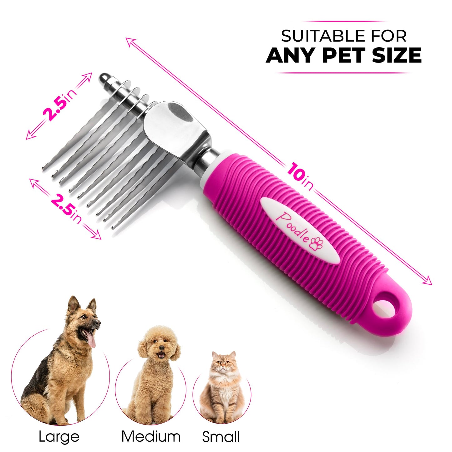 Poodle Dematting Fur Rake Comb Brush for Dogs and Cats - Long 2.5" Steel Safety Blades Metal Comb for Detangling Matted or Knotted Undercoat Hair LukkyDeals