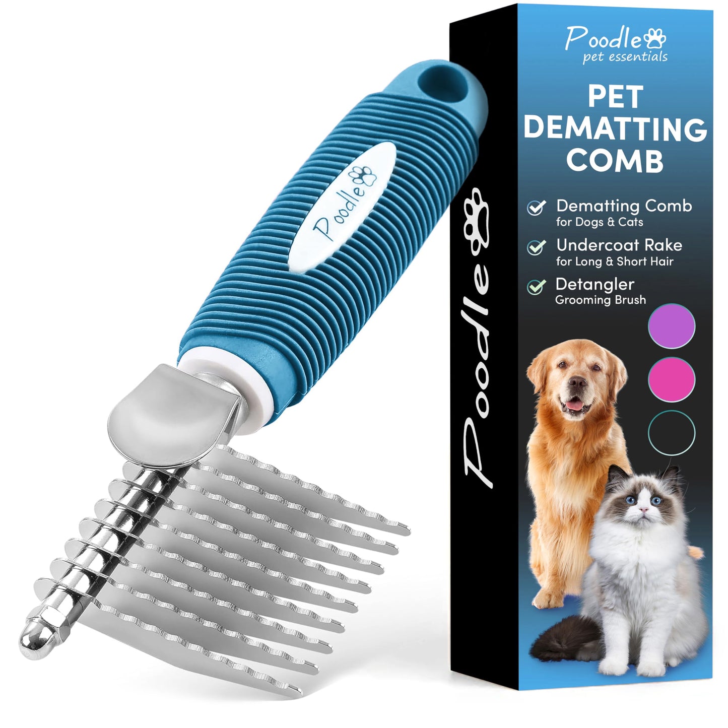 Poodle Dematting Fur Rake Comb Brush for Dogs and Cats - Long 2.5" Steel Safety Blades Metal Comb for Detangling Matted or Knotted Undercoat Hair LukkyDeals