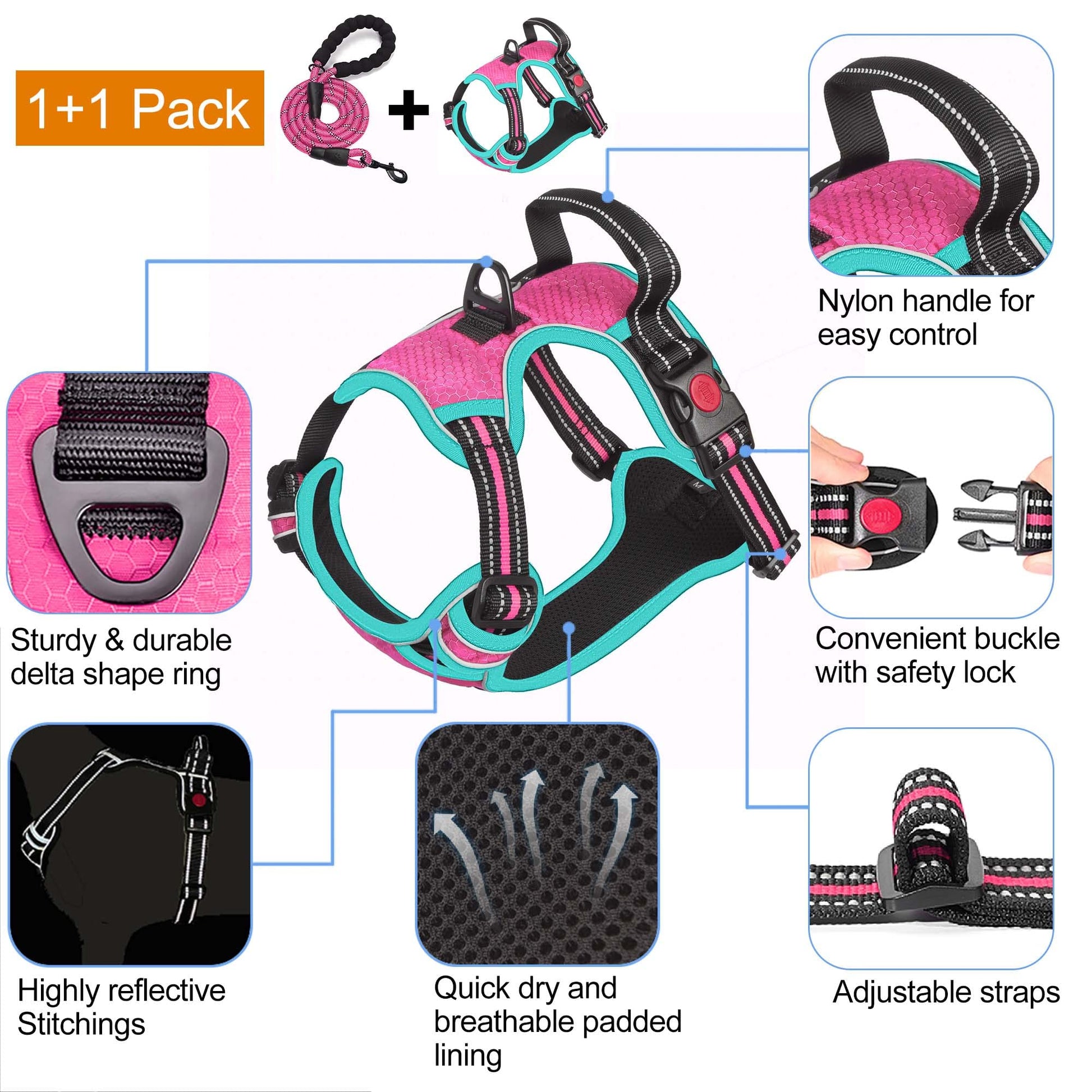 No Pull Dog Harness Adjustable Reflective Oxford Easy Control Medium Large Dog Harness with A Free Heavy Duty 5ft Dog Leash (L (Neck: 18"-25.5", Chest: 24.5"-33"), Blue Harness+Leash) LukkyDeals