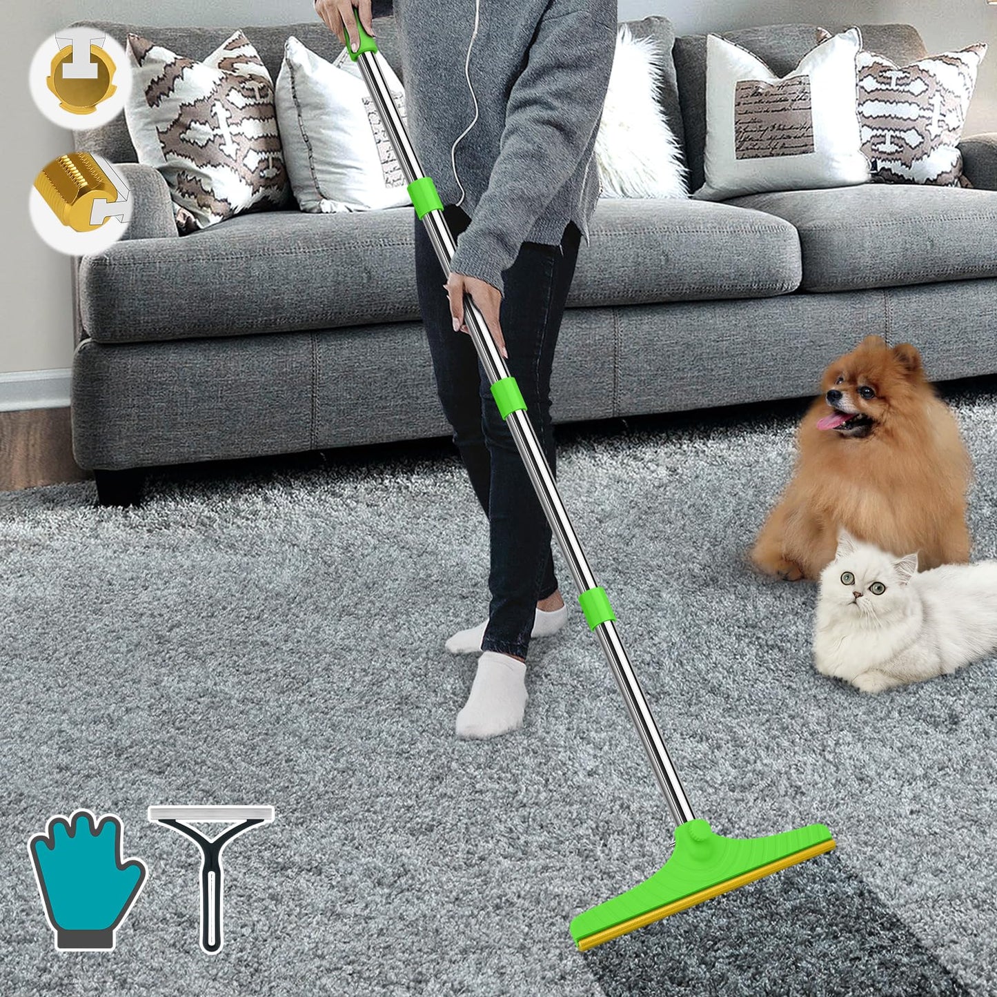 B-Land Carpet Rake for Pet Hair Removal, Reusable Pet Hair Remover with 60” Adjustable Long Handle, Carpet Scraper Dog Cat Hair Remover Tool for Rugs, Mats LukkyDeals