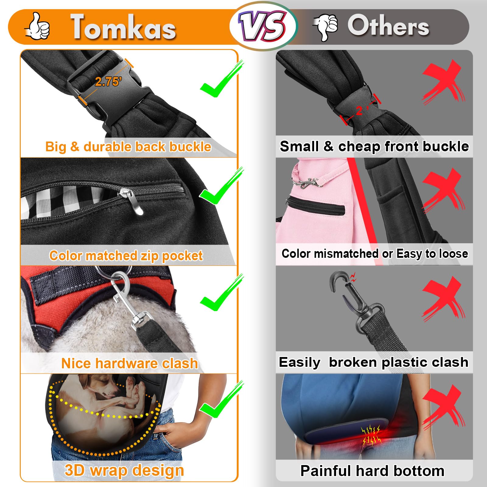 Tomkas Small Dog Sling Carrier - Adjustable Strap & Zip Pocket - Suitable for Puppies (Black) LukkyDeals