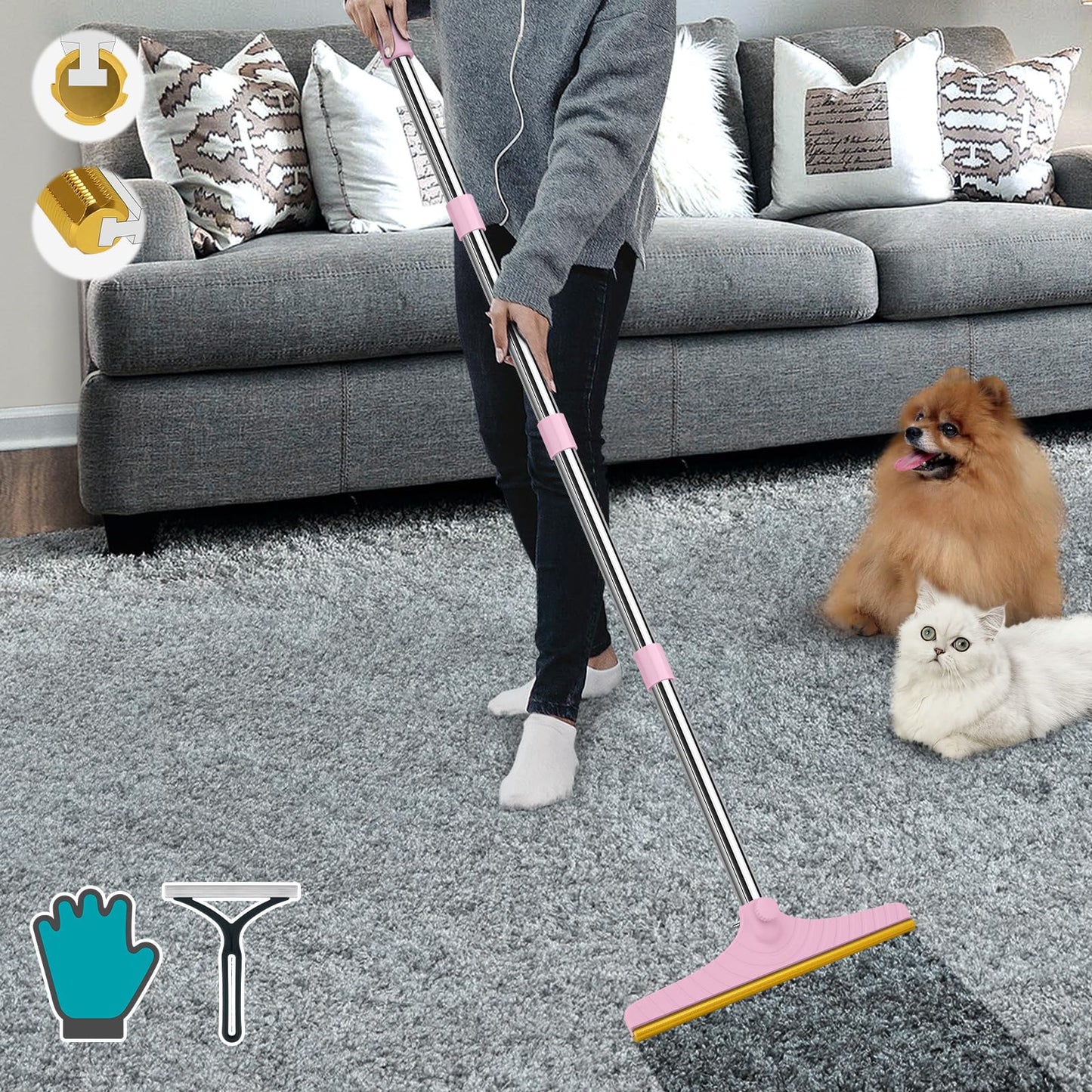 B-Land Carpet Rake for Pet Hair Removal, Reusable Pet Hair Remover with 60” Adjustable Long Handle, Carpet Scraper Dog Cat Hair Remover Tool for Rugs, Mats LukkyDeals