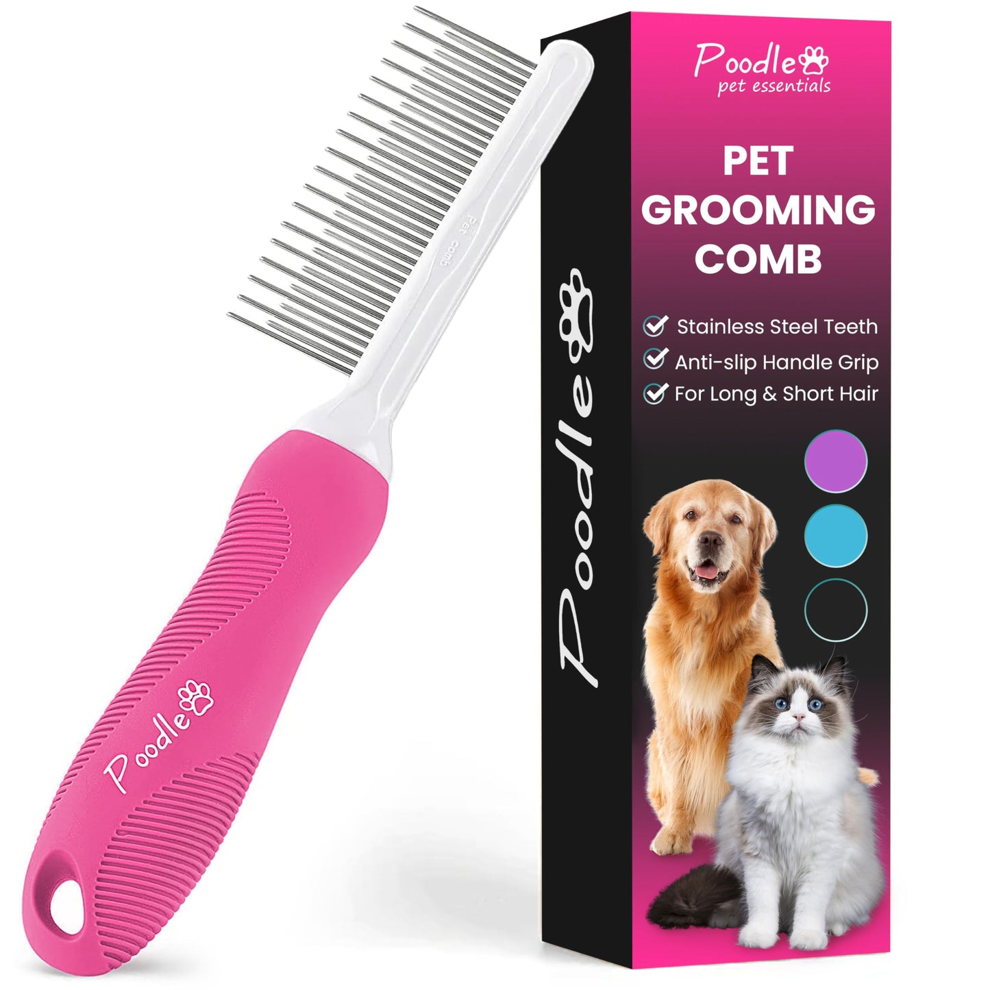 Poodle Dematting Fur Rake Comb Brush for Dogs and Cats - Long 2.5" Steel Safety Blades Metal Comb for Detangling Matted or Knotted Undercoat Hair LukkyDeals