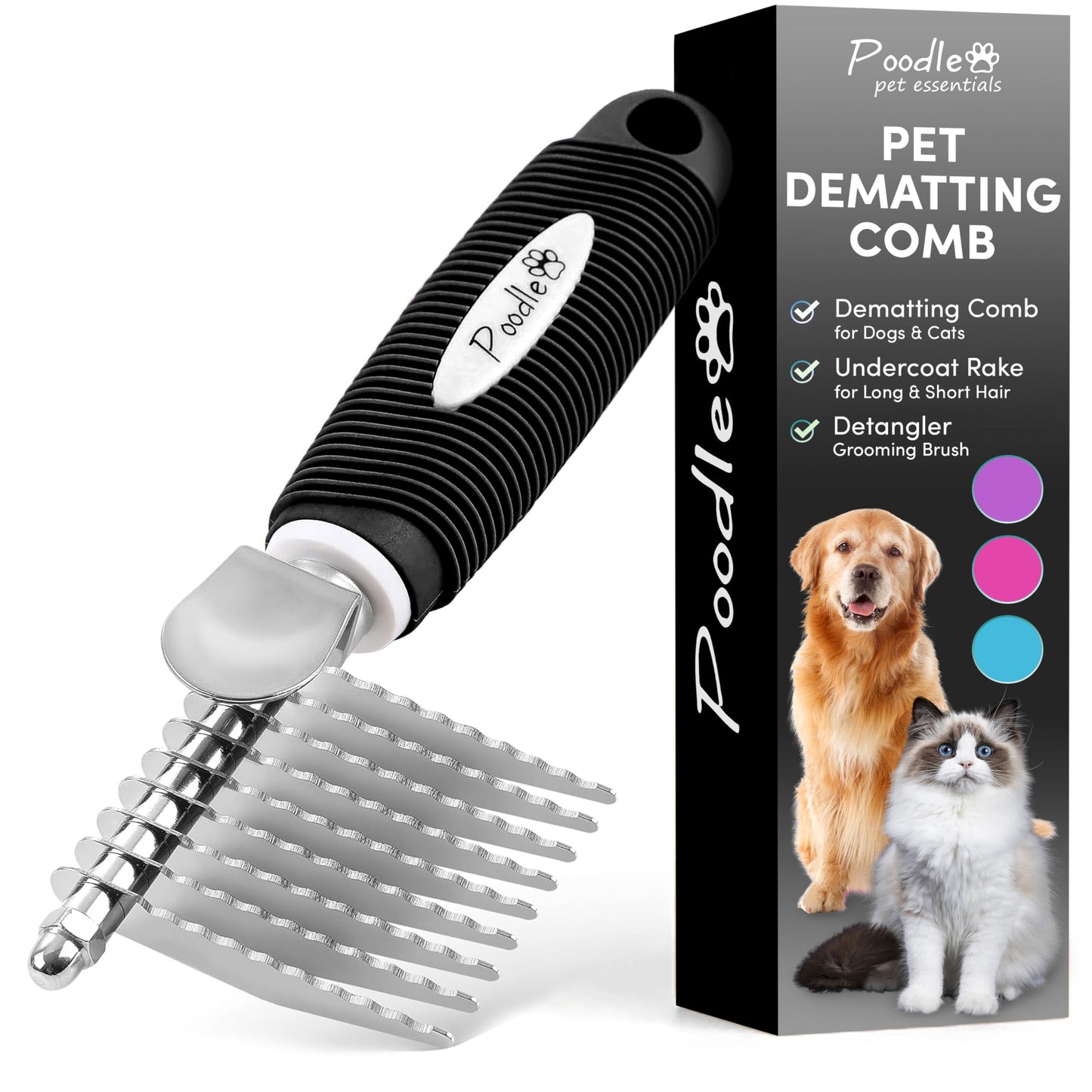 Poodle Dematting Fur Rake Comb Brush for Dogs and Cats - Long 2.5" Steel Safety Blades Metal Comb for Detangling Matted or Knotted Undercoat Hair LukkyDeals