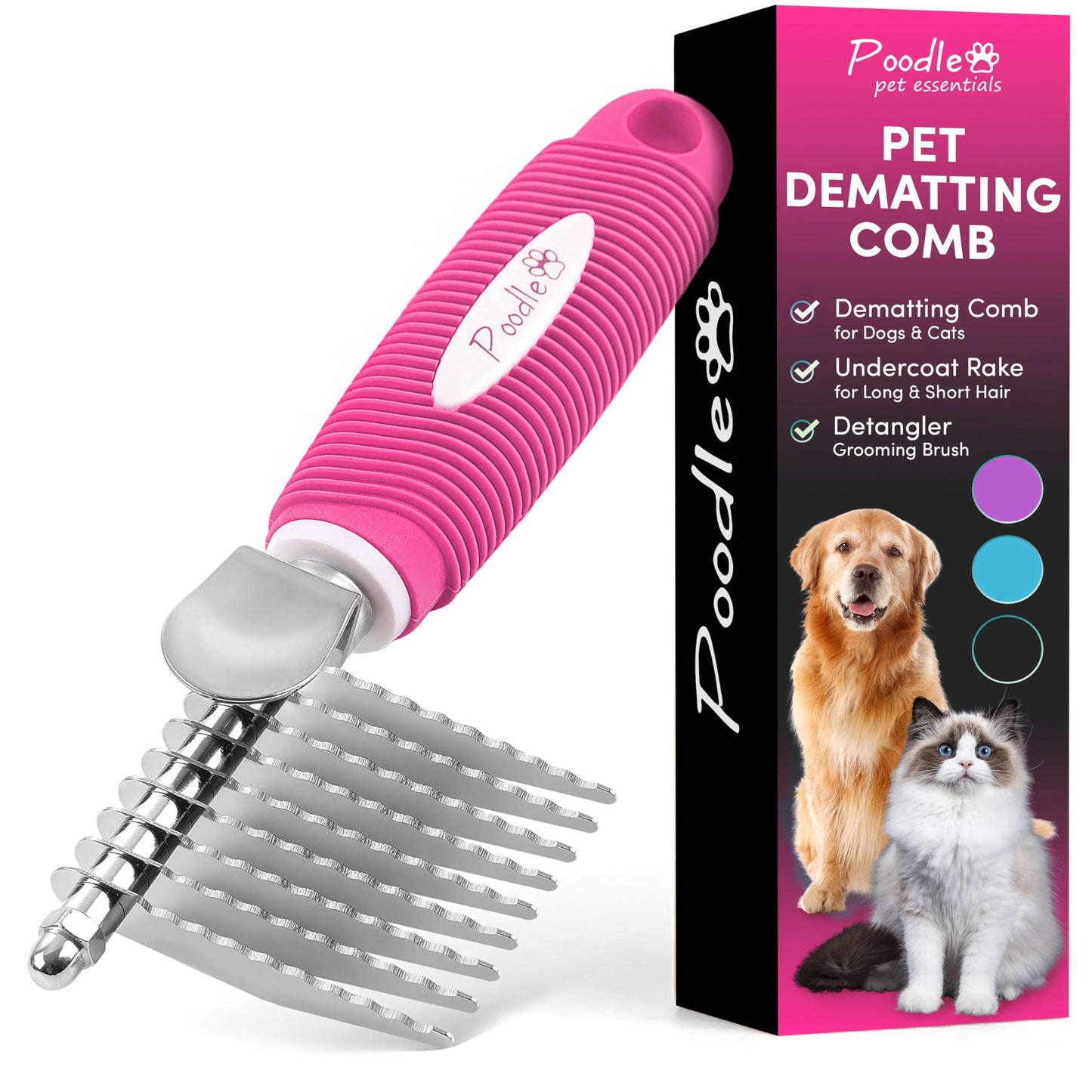 Poodle Dematting Fur Rake Comb Brush for Dogs and Cats - Long 2.5" Steel Safety Blades Metal Comb for Detangling Matted or Knotted Undercoat Hair LukkyDeals