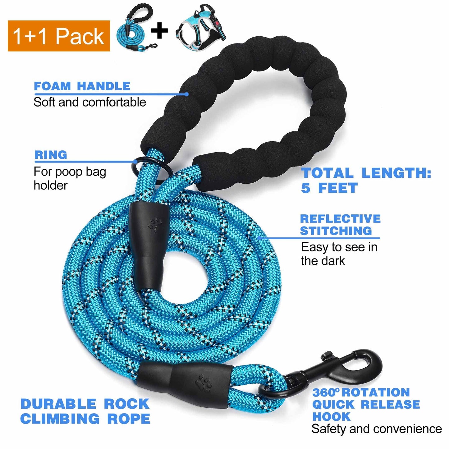 No Pull Dog Harness Adjustable Reflective Oxford Easy Control Medium Large Dog Harness with A Free Heavy Duty 5ft Dog Leash (L (Neck: 18"-25.5", Chest: 24.5"-33"), Blue Harness+Leash) LukkyDeals