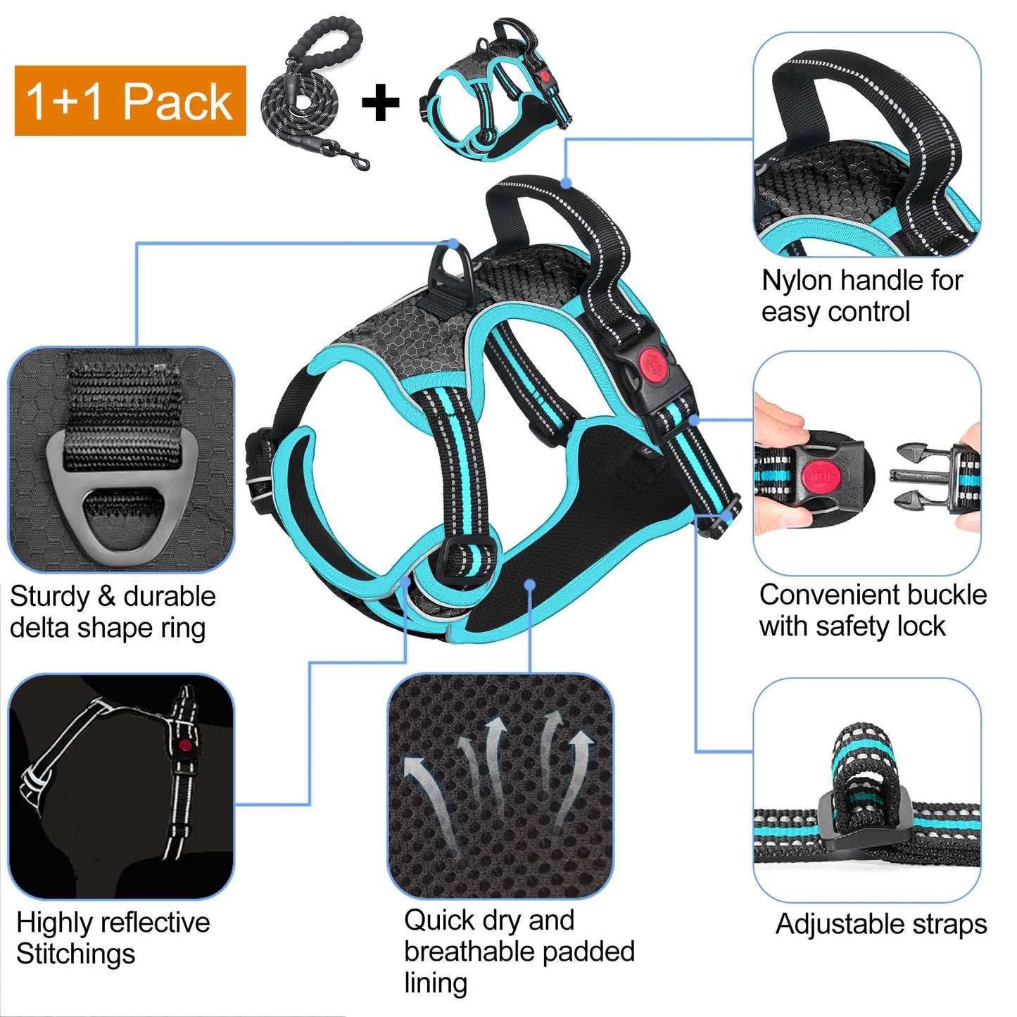 No Pull Dog Harness Adjustable Reflective Oxford Easy Control Medium Large Dog Harness with A Free Heavy Duty 5ft Dog Leash (L (Neck: 18"-25.5", Chest: 24.5"-33"), Blue Harness+Leash) LukkyDeals