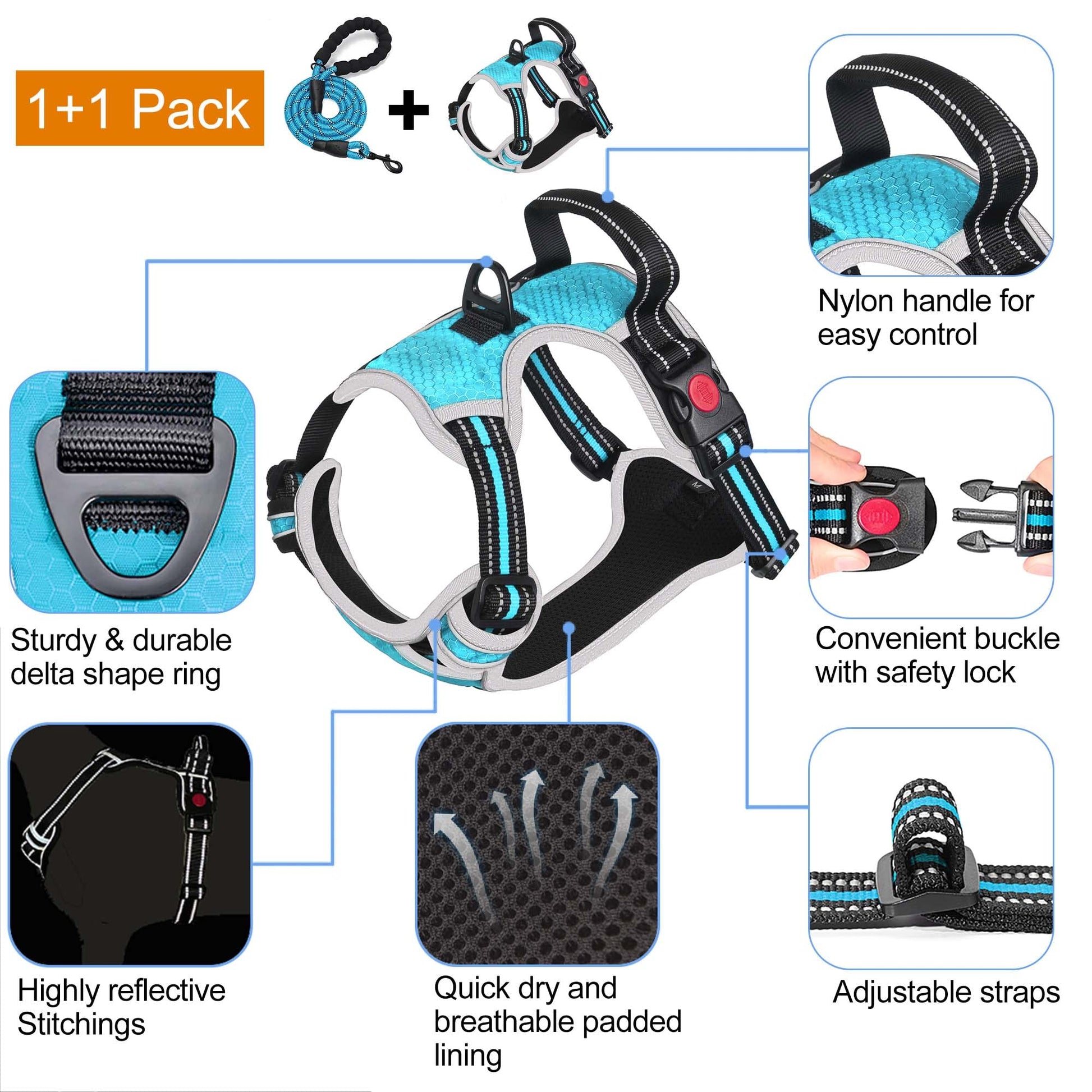 No Pull Dog Harness Adjustable Reflective Oxford Easy Control Medium Large Dog Harness with A Free Heavy Duty 5ft Dog Leash (L (Neck: 18"-25.5", Chest: 24.5"-33"), Blue Harness+Leash) LukkyDeals