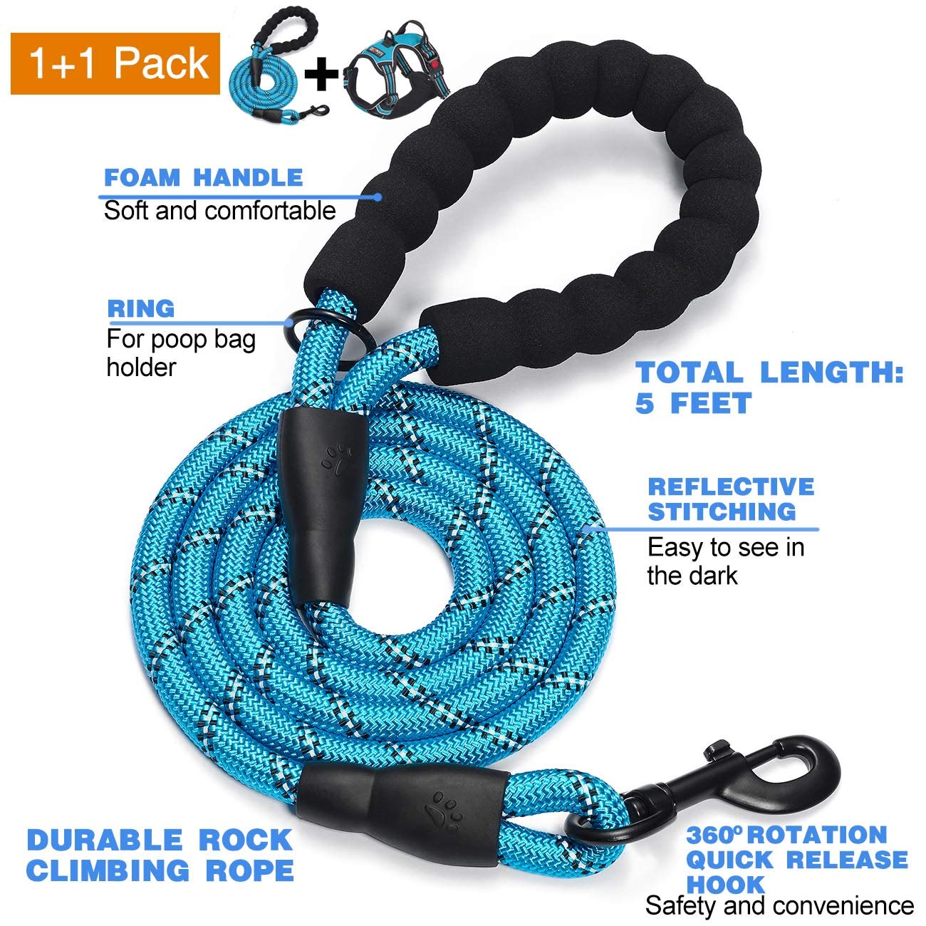 No Pull Dog Harness Adjustable Reflective Oxford Easy Control Medium Large Dog Harness with A Free Heavy Duty 5ft Dog Leash (L (Neck: 18"-25.5", Chest: 24.5"-33"), Blue Harness+Leash) LukkyDeals