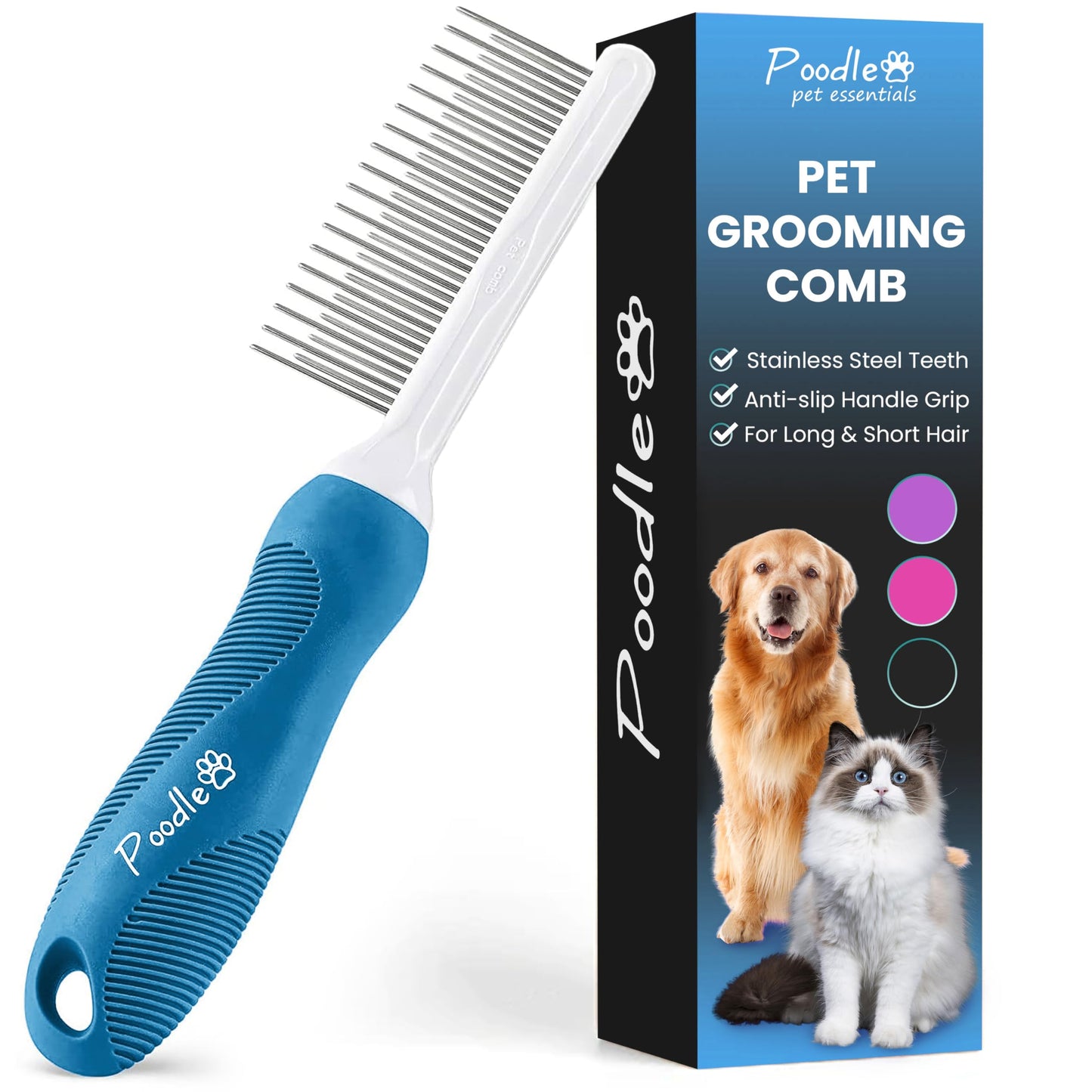 Poodle Dematting Fur Rake Comb Brush for Dogs and Cats - Long 2.5" Steel Safety Blades Metal Comb for Detangling Matted or Knotted Undercoat Hair LukkyDeals