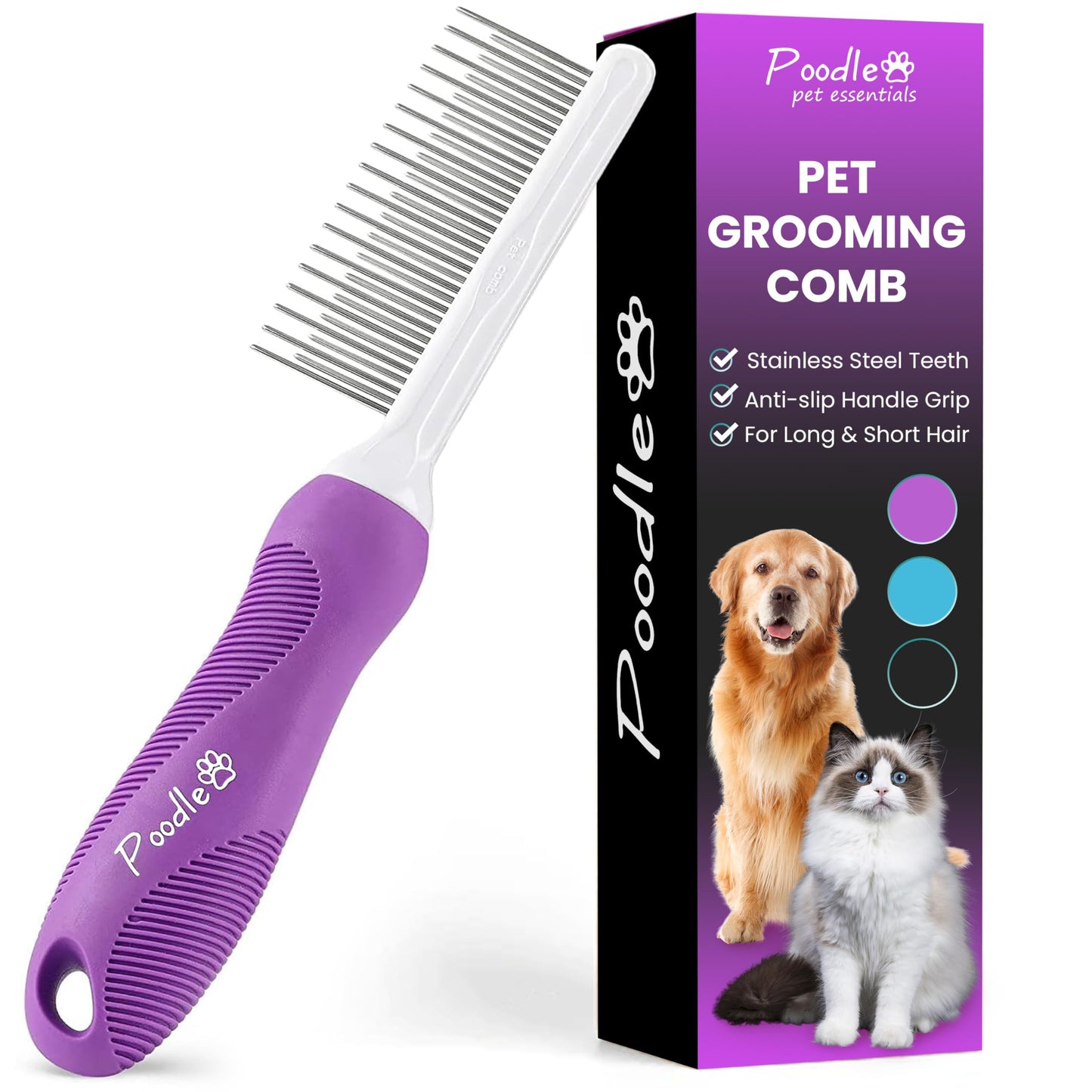 Poodle Dematting Fur Rake Comb Brush for Dogs and Cats - Long 2.5" Steel Safety Blades Metal Comb for Detangling Matted or Knotted Undercoat Hair LukkyDeals
