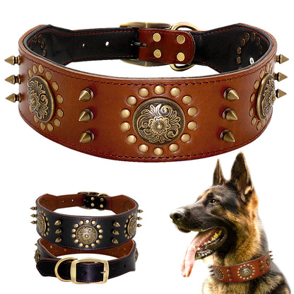 Durable leather stud dog collar designed for large breeds with anti-bite protection