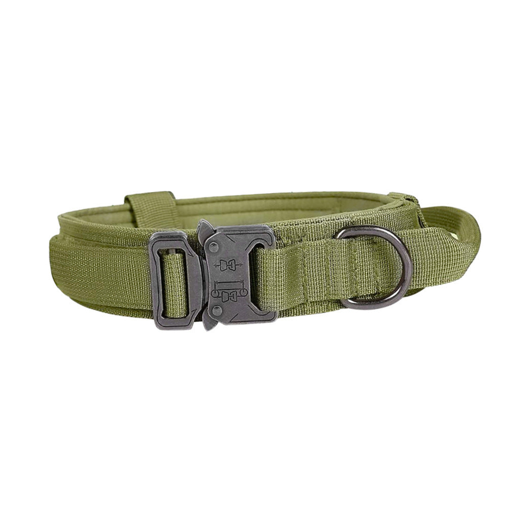 Adjustable nylon tactical dog collar with a handle, perfect for training and outdoor use