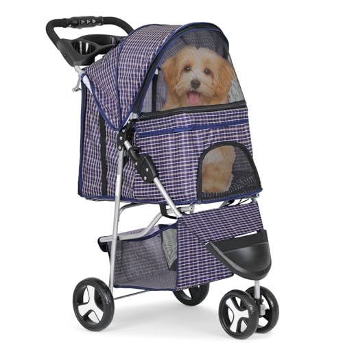 MoNiBloom Foldable 3-Wheel Pet Stroller with Storage, Cup Holder, and Waterproof Cover for Small Dogs and Cats