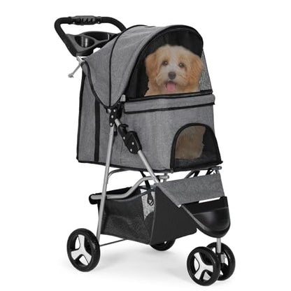 MoNiBloom Foldable 3-Wheel Pet Stroller with Storage, Cup Holder, and Waterproof Cover for Small Dogs and Cats