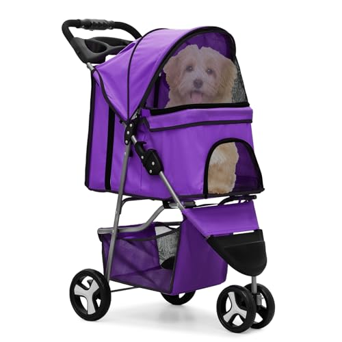 MoNiBloom Foldable 3-Wheel Pet Stroller with Storage, Cup Holder, and Waterproof Cover for Small Dogs and Cats