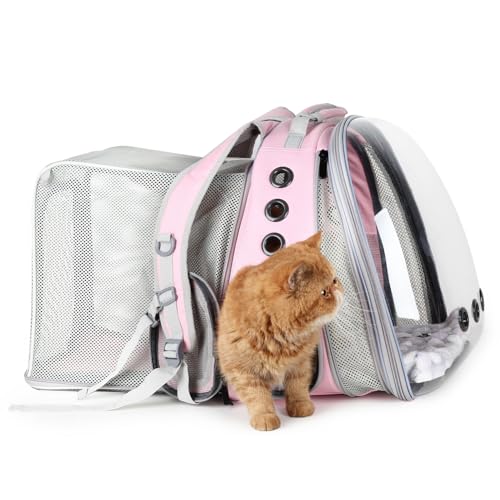 Lollimeow Cat Carrier Backpack, Bubble Expandable Backpack Carrier, Pets and Small Dogs,Airline-Approved, Designed for Travel, Hiking, Walking & Outdoor Use (Front Expandable-Pink)