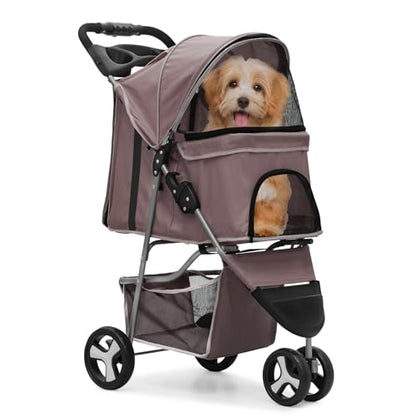 MoNiBloom Foldable 3-Wheel Pet Stroller with Storage, Cup Holder, and Waterproof Cover for Small Dogs and Cats