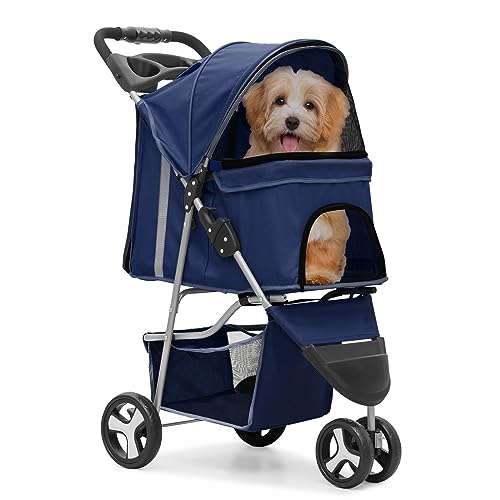 MoNiBloom Foldable 3-Wheel Pet Stroller with Storage, Cup Holder, and Waterproof Cover for Small Dogs and Cats