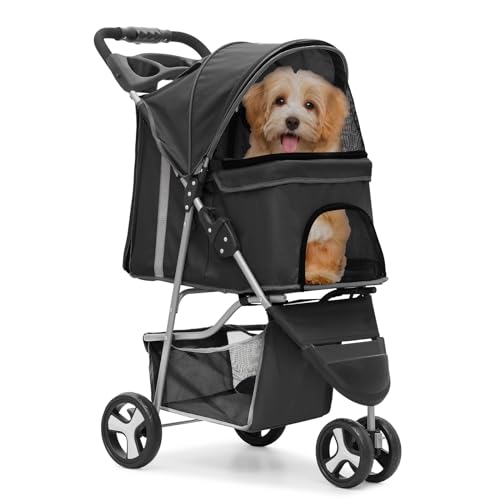 MoNiBloom Foldable 3-Wheel Pet Stroller with Storage, Cup Holder, and Waterproof Cover for Small Dogs and Cats