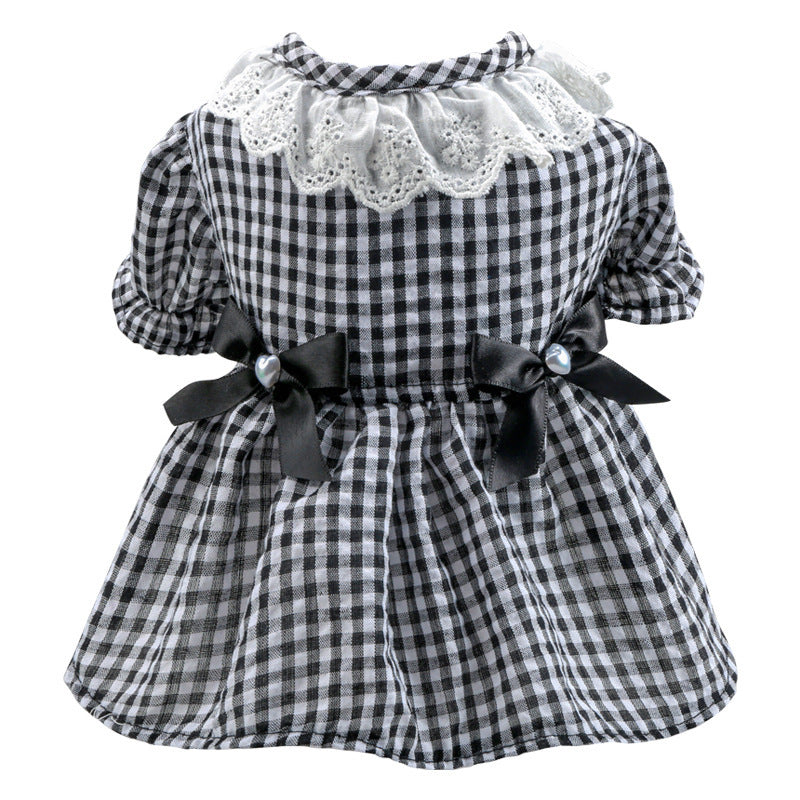 Pet Ring Dog Clothing Cat Clothes Bow Lace Collar Edge Black And White Plaid Princess Love Pearl Skirt