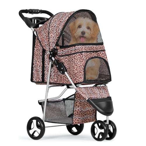 MoNiBloom Foldable 3-Wheel Pet Stroller with Storage, Cup Holder, and Waterproof Cover for Small Dogs and Cats