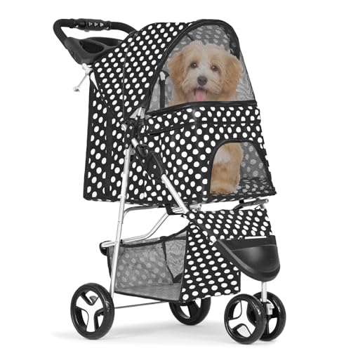 MoNiBloom Foldable 3-Wheel Pet Stroller with Storage, Cup Holder, and Waterproof Cover for Small Dogs and Cats