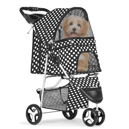 MoNiBloom Foldable 3-Wheel Pet Stroller with Storage, Cup Holder, and Waterproof Cover for Small Dogs and Cats