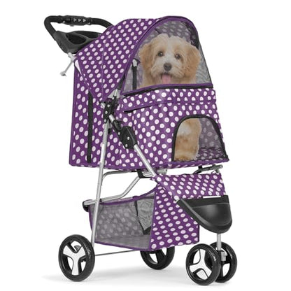 MoNiBloom Foldable 3-Wheel Pet Stroller with Storage, Cup Holder, and Waterproof Cover for Small Dogs and Cats