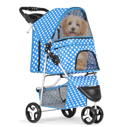 MoNiBloom Foldable 3-Wheel Pet Stroller with Storage, Cup Holder, and Waterproof Cover for Small Dogs and Cats