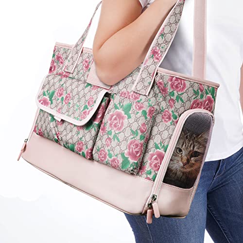 Cat Carrier, Dog Carrier, Pet Carrier, Foldable Waterproof Premium PU Leather Oxford Cloth Dog Purse, Portable Bag Carrier for Small to Medium Cat and Small Dog, Airline Approved Soft-Sided Carrier