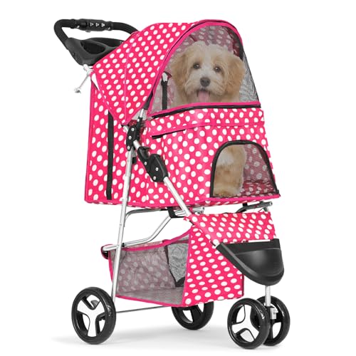 MoNiBloom Foldable 3-Wheel Pet Stroller with Storage, Cup Holder, and Waterproof Cover for Small Dogs and Cats