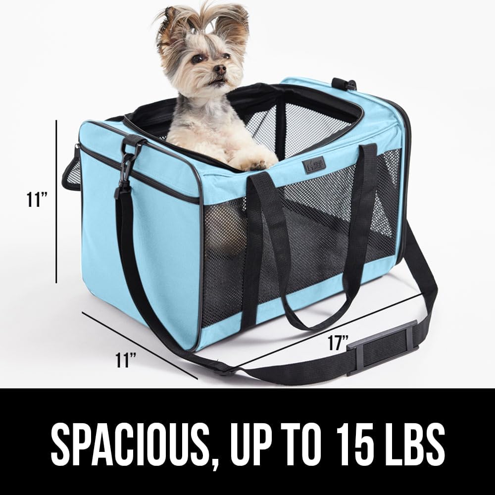 Gorilla Grip Airline Travel Cat Carrier Bag Up to 15 Lbs, Breathable Mesh Collapsible Pet Carriers for Small, Medium Cats, Small Dogs, Puppies, Portable Kennel with Soft Washable Waterproof Pad, Blue