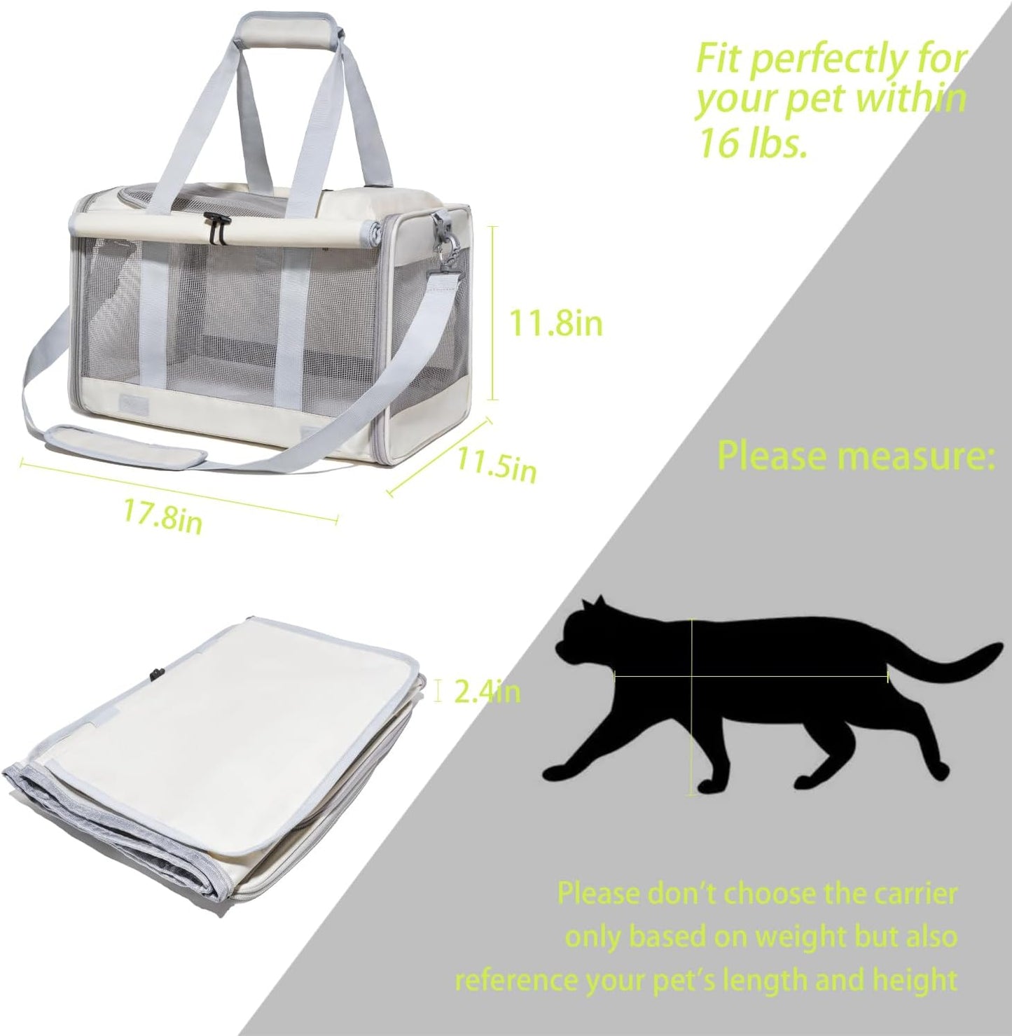 Pet Carrier/Cat, Dog Carrier Soft-Sided for Pets Up to 16 Lbs, Airline Approved Collapsible Ventilate Travel Cat Carrier for Cats Puppy and Small Animals