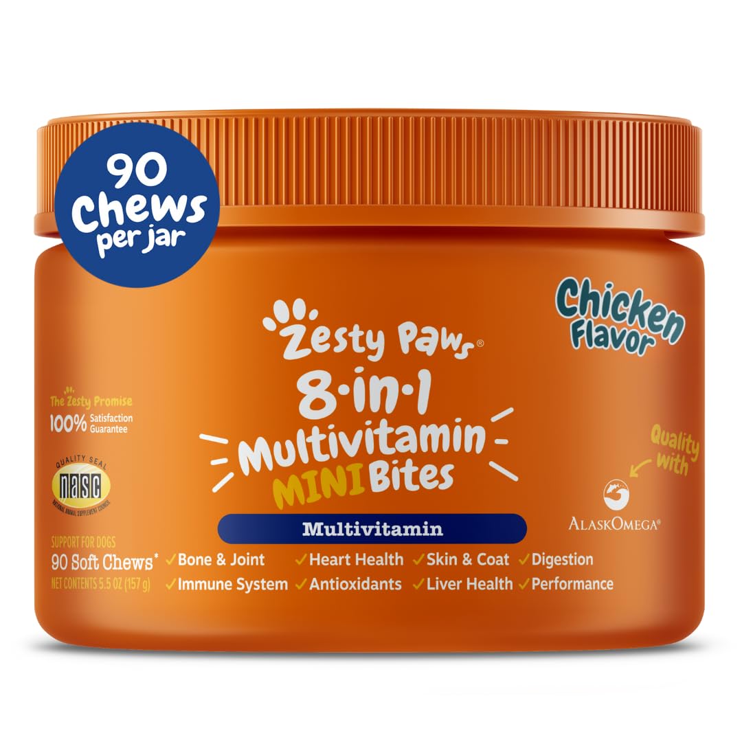 Zesty Paws Multivitamin Treats for Dogs - Glucosamine Chondroitin for Joint Support + Digestive Enzymes & Probiotics - Grain Free Dog Vitamin for Skin & Coat + Immune Health - Chicken Flavor - 90ct