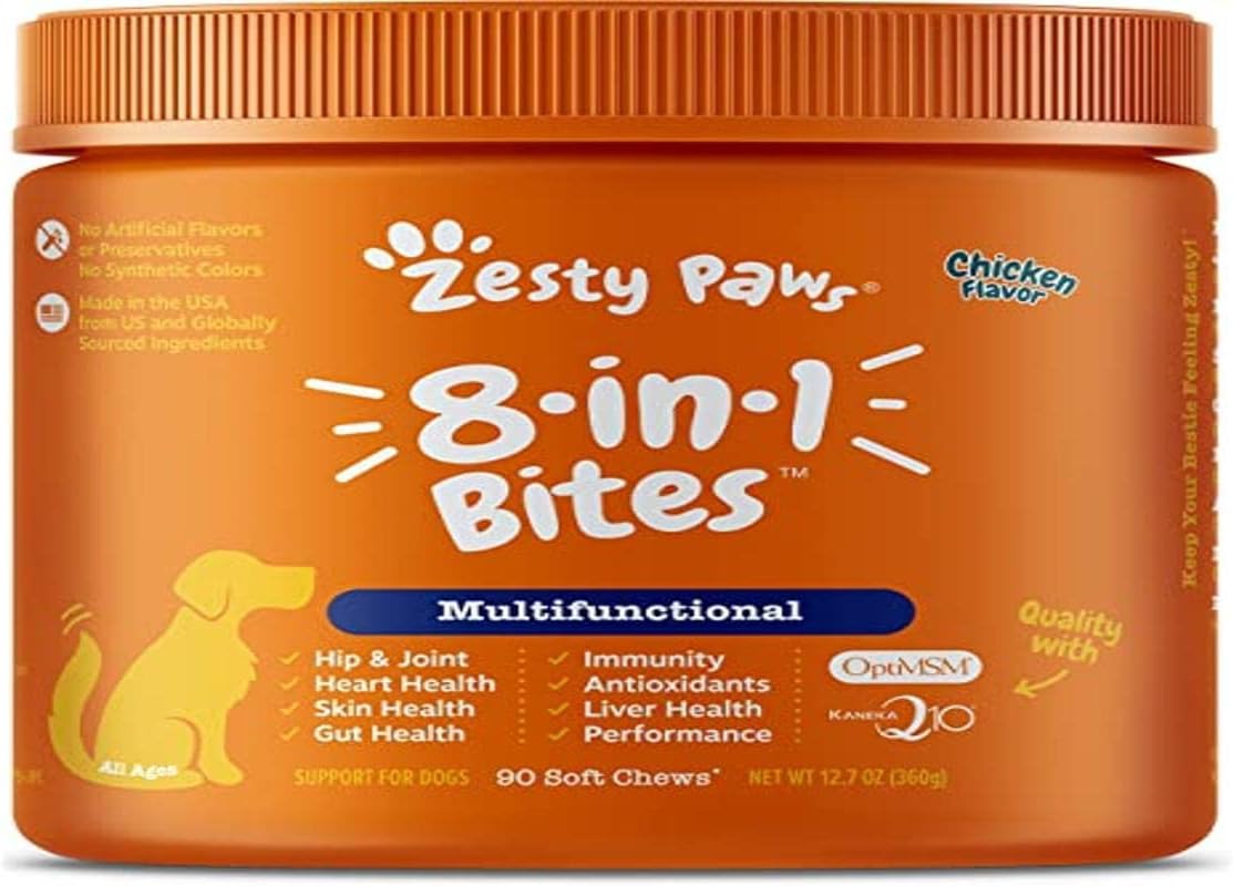 Zesty Paws Multivitamin Treats for Dogs - Glucosamine Chondroitin for Joint Support + Digestive Enzymes & Probiotics - Grain Free Dog Vitamin for Skin & Coat + Immune Health - Chicken Flavor - 90ct