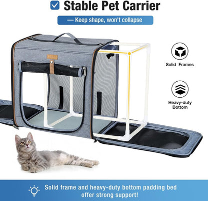 Lekereise 2-in-1 Cat,Dog Carrier for Small Medium Large Pets up to 35 Lbs, (17.7"*2)*16.5"*13" Car Travel Carrier with Litter Box, Bowl, and Locking Zipper - Grey