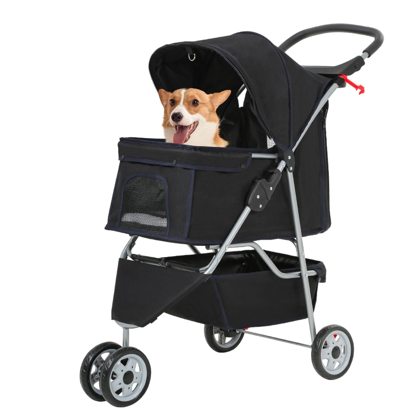 FDW Pet Stroller 4-Wheel Dog Cat Stroller Travel Folding Carrier Puppy Stroller with Cup Holder and Removable Liner for Small Medium Dogs Cats, Black