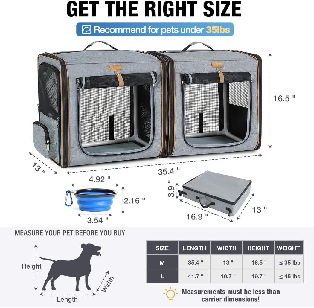 Lekereise 2-in-1 Cat,Dog Carrier for Small Medium Large Pets up to 35 Lbs, (17.7"*2)*16.5"*13" Car Travel Carrier with Litter Box, Bowl, and Locking Zipper - Grey